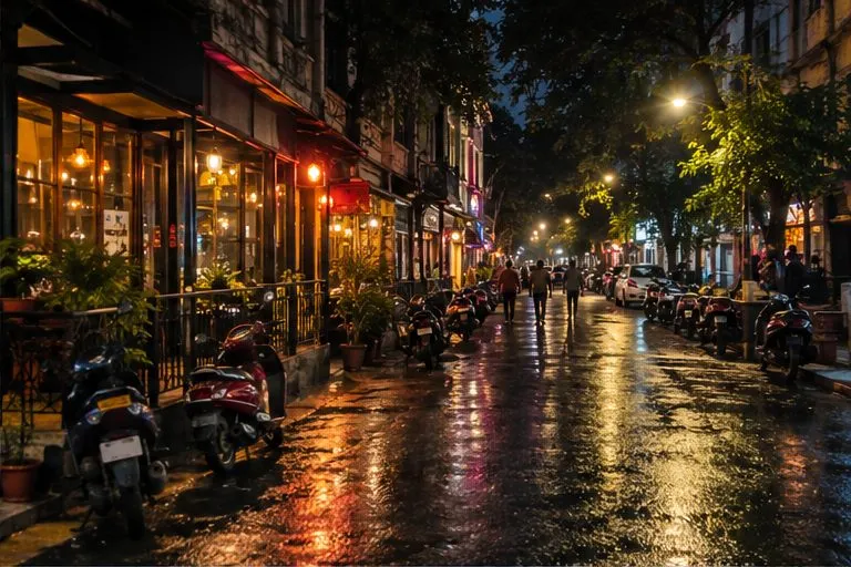 A Koregaon Park lane on a Friday. This is a night out, not a shortcut.
